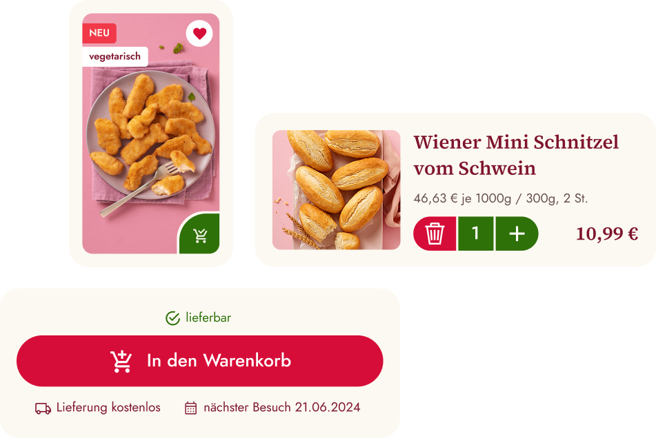 Produkt- und Warenkorbansicht der Eismann App mit klar strukturiertem Bestellprozess und prominentem ‚In den Warenkorb'-Button für eine reibungslose Bestellung.