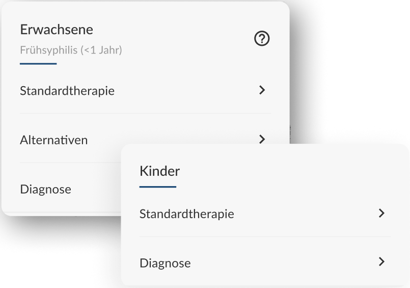UI-Ausschnitt der DSTIG-App mit leitlinienbasierter Navigation für STIs, inklusive Auswahl nach Altersgruppe sowie Menüpunkten für Diagnose, Standardtherapie und Alternativen.