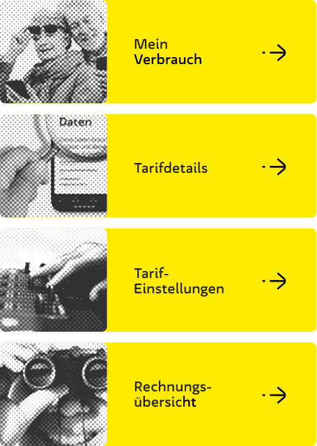 Menü ‚Mein Tarif‘ mit Schnellzugriff auf Verbrauch, Tarifdetails, Tarif-Einstellungen und Rechnungsübersicht.