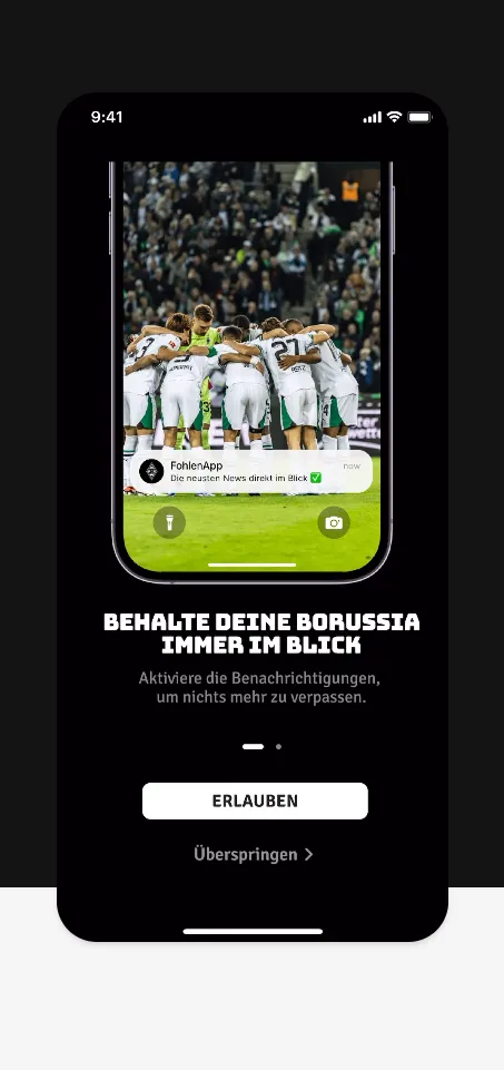 Screen der FohlenApp mit Feed-Inhalten. Eine Video-Karte läuft automatisch ab und zeigt keine Play- oder Pause-Steuerung.