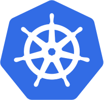 Logo von Kubernetes, ein stilisiertes Steuerrad in Blau, symbolisiert das Container-Orchestrierungssystem.