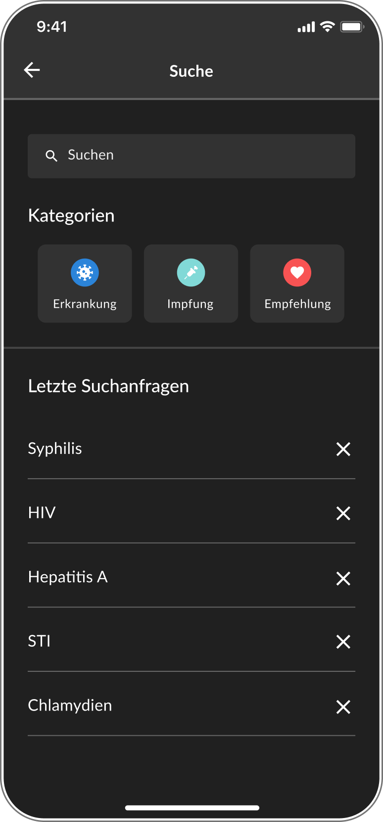 Suchansicht der DSTIG-App mit Kategorien und zuletzt gesuchten Begriffen.