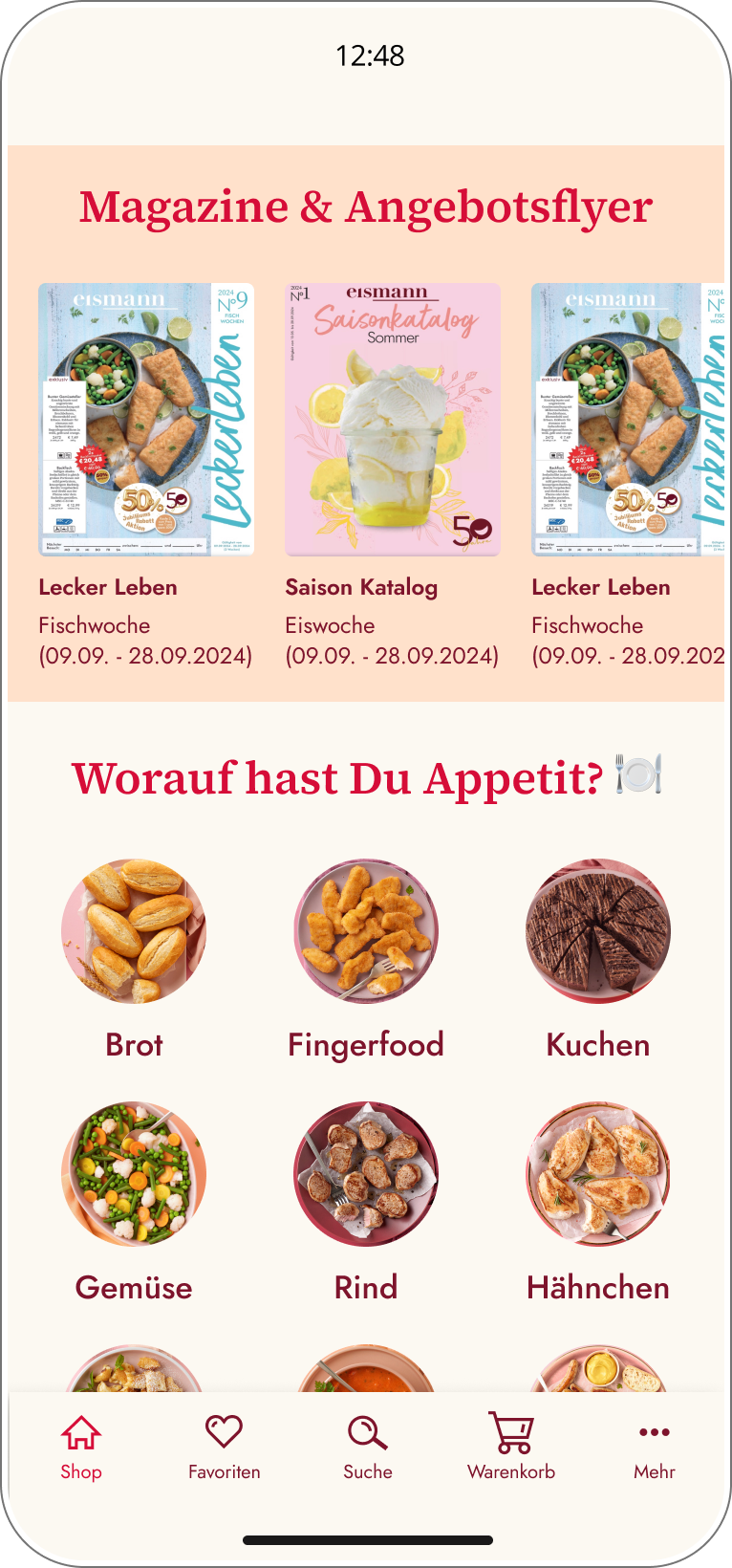 Shop mit Magazinen und Produktkategorien in der Eismann App.