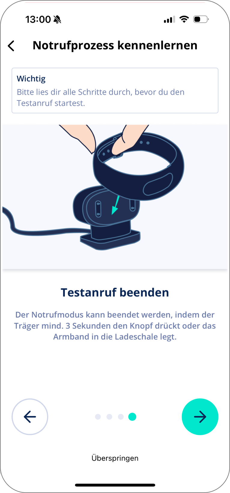 Erklärscreen im Onboarding, der zeigt, wie ein Test- oder Notruf wieder beendet werden kann.